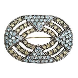 Vintage Nancy Katz Art Deco Style Rhinestone Brooch Blue and Yellow